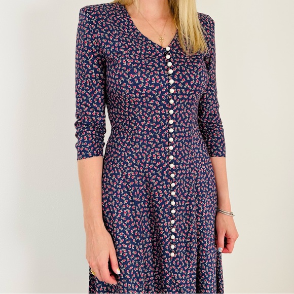 Vintage Paris Sport Club Dress Pearl Buttons Front Padded Shoulders Floral Boho - Picture 9 of 12